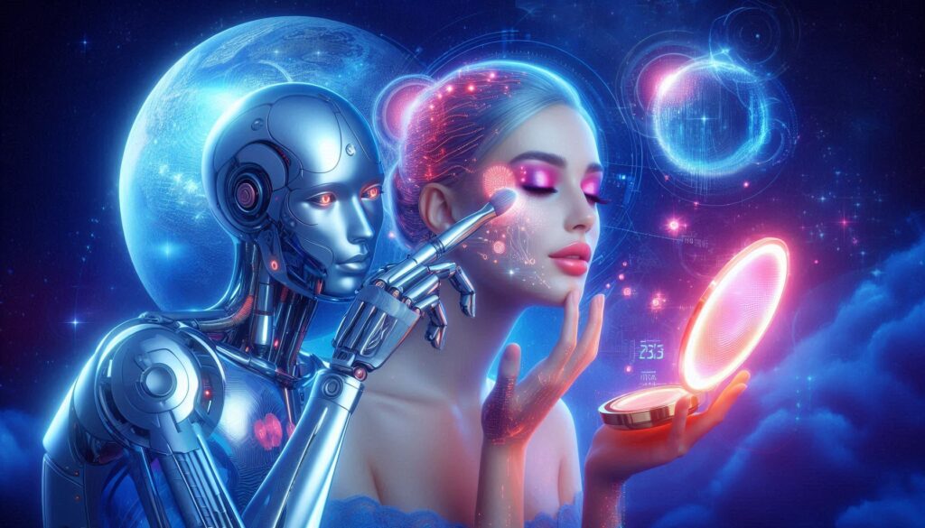 ロボットが女性にメイクを施している様子。AIが未来の化粧品選びをサポートする様子を表現した近未来的なビジュアル