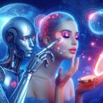 ロボットが女性にメイクを施している様子。AIが未来の化粧品選びをサポートする様子を表現した近未来的なビジュアル