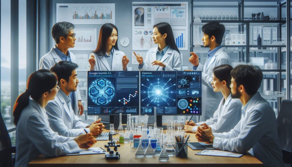 研究室でGoogle Gemini CLIを用いた創薬研究について議論する白衣姿の研究者たち