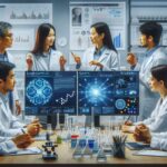 研究室でGoogle Gemini CLIを用いた創薬研究について議論する白衣姿の研究者たち