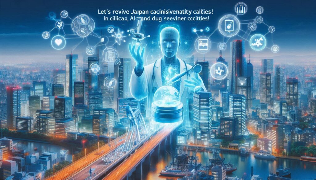 都市の上空に浮かぶ医療AIと創薬アイコン、日本の臨床研究と治験の未来を象徴するイメージ