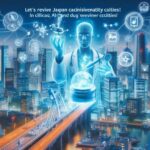 都市の上空に浮かぶ医療AIと創薬アイコン、日本の臨床研究と治験の未来を象徴するイメージ