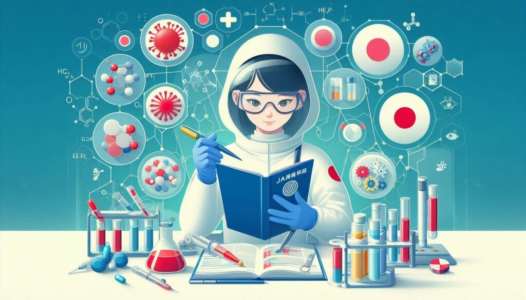 日本の旗を背景に、白衣と防護服を着た研究者が創薬研究に取り組んでいる様子を描いたイラスト。化学構造式や分子モデル、試験管などが並ぶ。