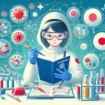 日本の旗を背景に、白衣と防護服を着た研究者が創薬研究に取り組んでいる様子を描いたイラスト。化学構造式や分子モデル、試験管などが並ぶ。