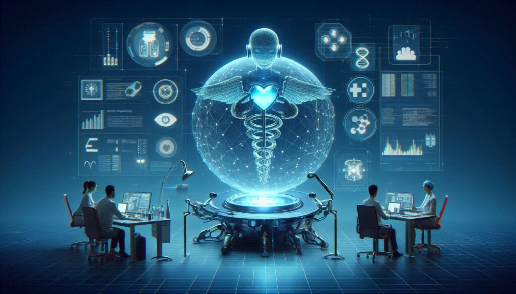 未来の医療研究と臨床応用を象徴するAIと医療データの融合を描いたサイバーなビジュアルイメージ