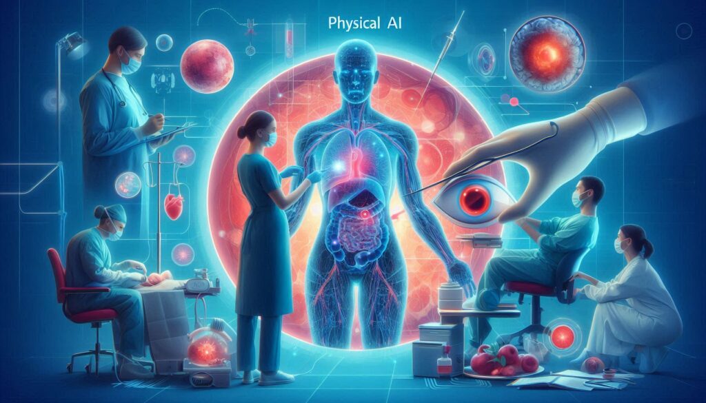 人体のホログラムを囲む医療従事者と、手術・診断・観察に関わる先端テクノロジーが融合した未来的医療AIシーン