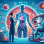 人体のホログラムを囲む医療従事者と、手術・診断・観察に関わる先端テクノロジーが融合した未来的医療AIシーン