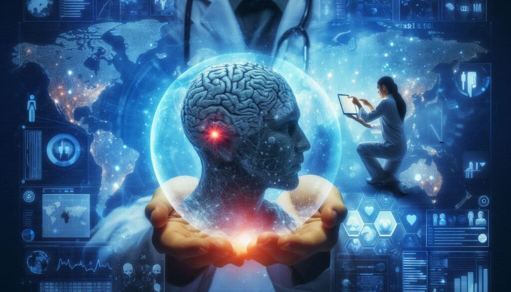脳のホログラムを手にする医師と、デジタル技術で脳の異常を解析する研究者のイメージ