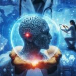 脳のホログラムを手にする医師と、デジタル技術で脳の異常を解析する研究者のイメージ