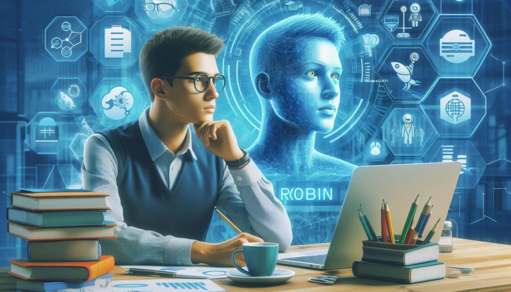 AIエージェント「Robin」と対話する研究者が、データや薬学情報に囲まれたデジタル環境で学習・思索を行っている未来的なシーン