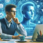 AIエージェント「Robin」と対話する研究者が、データや薬学情報に囲まれたデジタル環境で学習・思索を行っている未来的なシーン