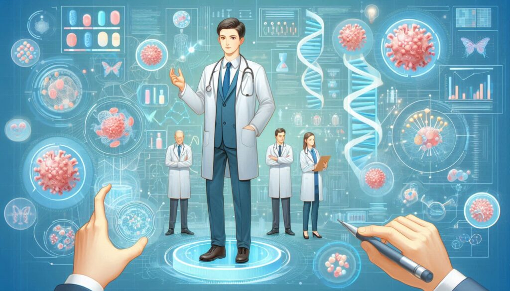 医師チームがAI技術を活用しアミロイドーシスの治療研究を進める様子。DNA構造やウイルス、解析グラフが背景に表示されている近未来的なイラスト