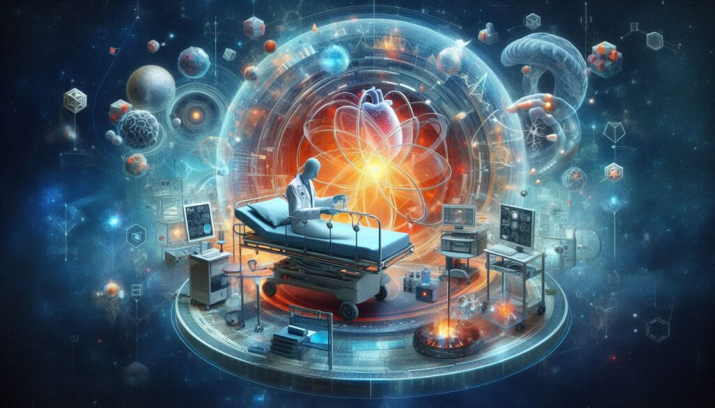 未来的な医療ベッドでAIによる推論を行う医師と、宇宙空間に広がる分子・神経・テクノロジーが融合したデジタル医療空間のイメージ