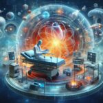 未来的な医療ベッドでAIによる推論を行う医師と、宇宙空間に広がる分子・神経・テクノロジーが融合したデジタル医療空間のイメージ