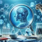 人工知能と創薬研究の融合を象徴する研究室のシーン。顕微鏡やフラスコに囲まれた科学者が、人の脳と回路を模したホログラムを観察している。