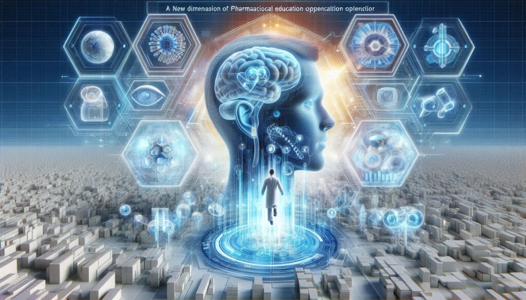 薬学教育におけるAIの活用を象徴する未来的な学習空間と学生たち