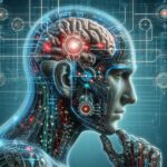 BCI技術を象徴する、機械と脳が接続されたサイボーグ型人間の横顔のイラスト