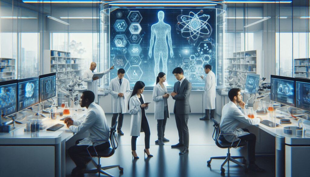 先進的なAI創薬ラボで研究に取り組む科学者たちと大型モニターに映し出された人体と分子構造のデジタル解析図