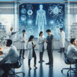 先進的なAI創薬ラボで研究に取り組む科学者たちと大型モニターに映し出された人体と分子構造のデジタル解析図