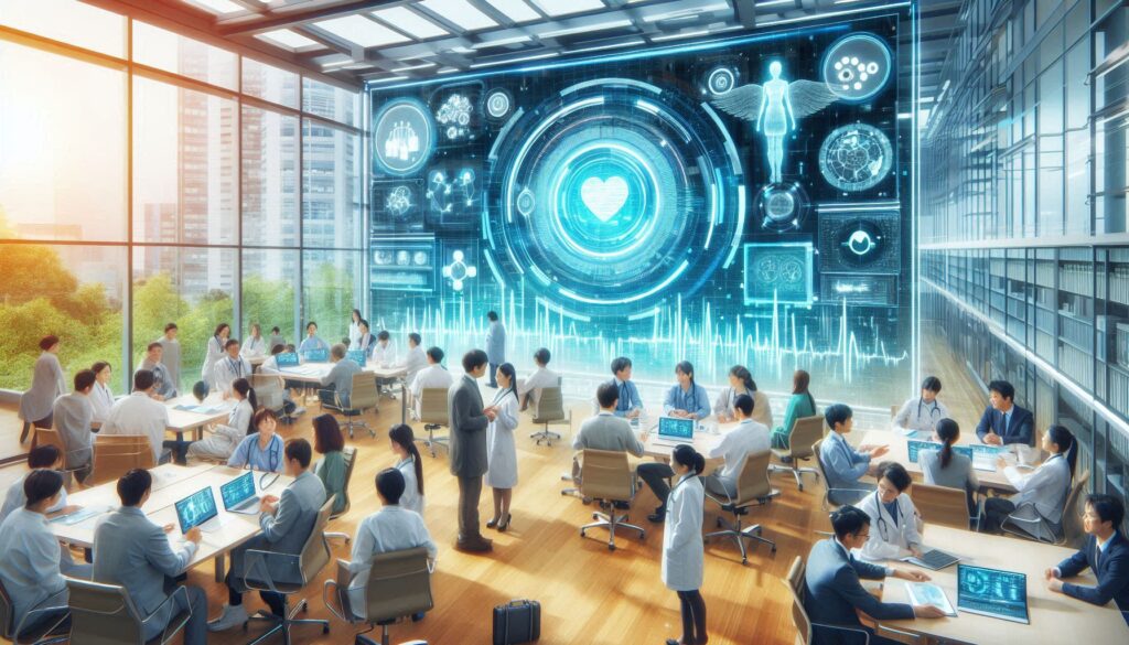 医療関係者たちが未来的なデジタルデータを活用して地域医療の課題に取り組む様子を描いたイラスト