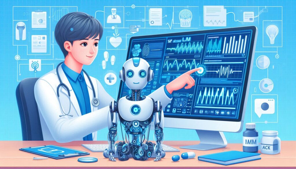 医師がPC上でLM Studioを操作し、AIロボットと共に医療データを解析している様子のイラスト