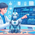 医師がPC上でLM Studioを操作し、AIロボットと共に医療データを解析している様子のイラスト