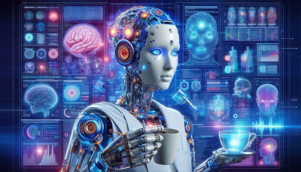 AI診断支援ロボットがコーヒーカップと光るティーカップを持ち、脳や人体の医療データが背景に表示されている未来的な研究室の様子