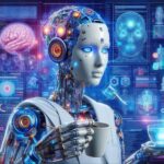 AI診断支援ロボットがコーヒーカップと光るティーカップを持ち、脳や人体の医療データが背景に表示されている未来的な研究室の様子