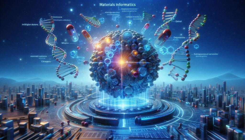 人工知能と分子構造を融合した未来型都市と巨大なナノ粒子の可視化イメージ