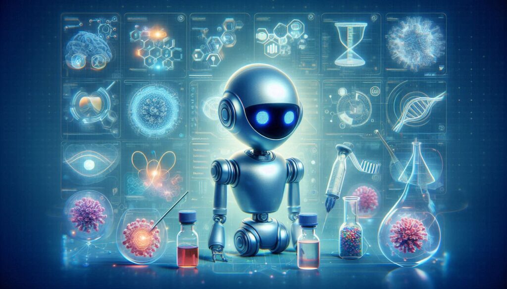 実験器具と医薬品に囲まれたAIロボットが創薬研究をサポートする未来的なイメージ