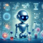 実験器具と医薬品に囲まれたAIロボットが創薬研究をサポートする未来的なイメージ