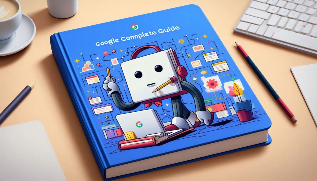 Google NotebookLMを象徴するイラスト付きガイドブックとAIキャラクターの表紙
