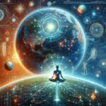 地球を背景に瞑想する人物と、AI技術と宇宙の情報が融合した未来的なインターフェースを示すビジュアル