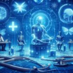 未来的な医療空間でフィジカルAIと医師が共に診断・研究を行う様子を描いたイメージ