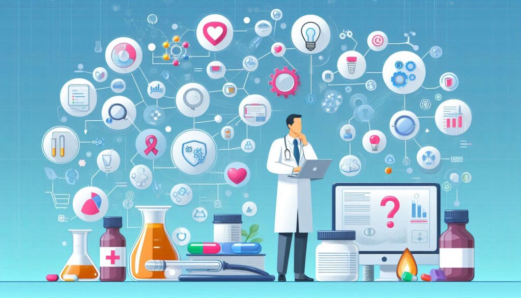 ノートパソコンを使う医師の周囲に、薬学、教育、研究、AI、データ分析などを象徴する多数のアイコンが浮かんでいるイラスト