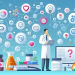 ノートパソコンを使う医師の周囲に、薬学、教育、研究、AI、データ分析などを象徴する多数のアイコンが浮かんでいるイラスト