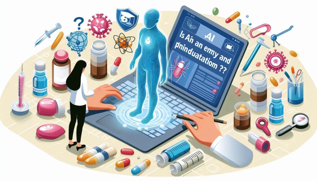 薬学教育の場でAIエージェントと人間が連携して学習する様子を描いたイラスト。ノートパソコンからホログラムの人体モデルが浮かび上がり、周囲には薬瓶や注射器、カプセルが散在している。
