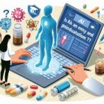 薬学教育の場でAIエージェントと人間が連携して学習する様子を描いたイラスト。ノートパソコンからホログラムの人体モデルが浮かび上がり、周囲には薬瓶や注射器、カプセルが散在している。