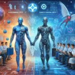 2体のサイボーグが向かい合い、医師たちがノートパソコンでAIを操作している未来的な医療AI比較シーン