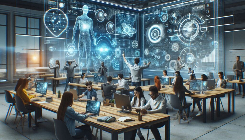 AI技術と教育現場の融合を象徴する未来的な教室の風景。学生たちがPCやVRを使いながら、巨大なホログラムスクリーンを前に研究や学習を行っている。