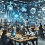 AI技術と教育現場の融合を象徴する未来的な教室の風景。学生たちがPCやVRを使いながら、巨大なホログラムスクリーンを前に研究や学習を行っている。