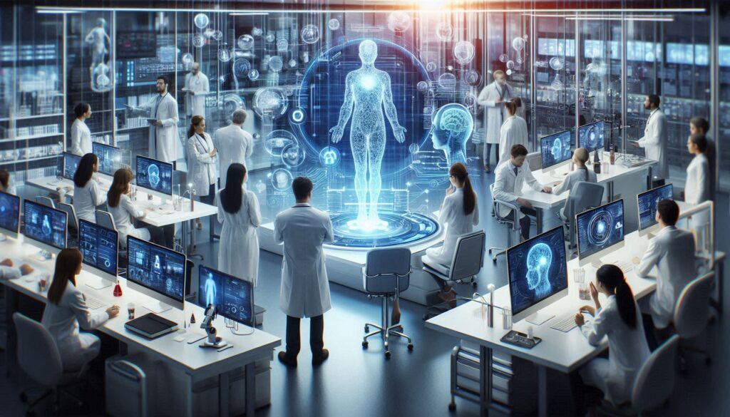 医療研究施設でAIによる人体データ解析を行う研究者たちの未来的な光景