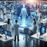 医療研究施設でAIによる人体データ解析を行う研究者たちの未来的な光景