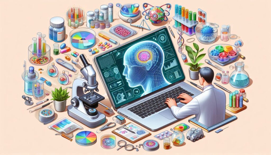 ノートPCでAI支援の医学・薬学データ分析を行う研究者と、周囲に並ぶ実験器具や薬品、顕微鏡、カラフルな薬剤