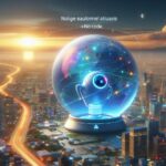 夕暮れの都市を背景に、AIロボットがノーコード技術と接続された未来型グローブを見守るシーン