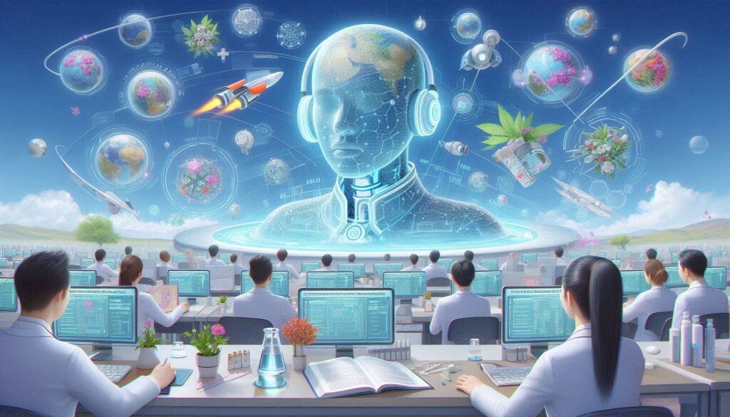AIと薬学教育の融合を象徴する未来的な教室で、薬剤師国家試験対策に活用されるAI学習システムを描いたイラスト