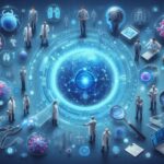 AI創薬における仮想細胞モデルと研究者たちが未来の個別化医療を探求するイメージ
