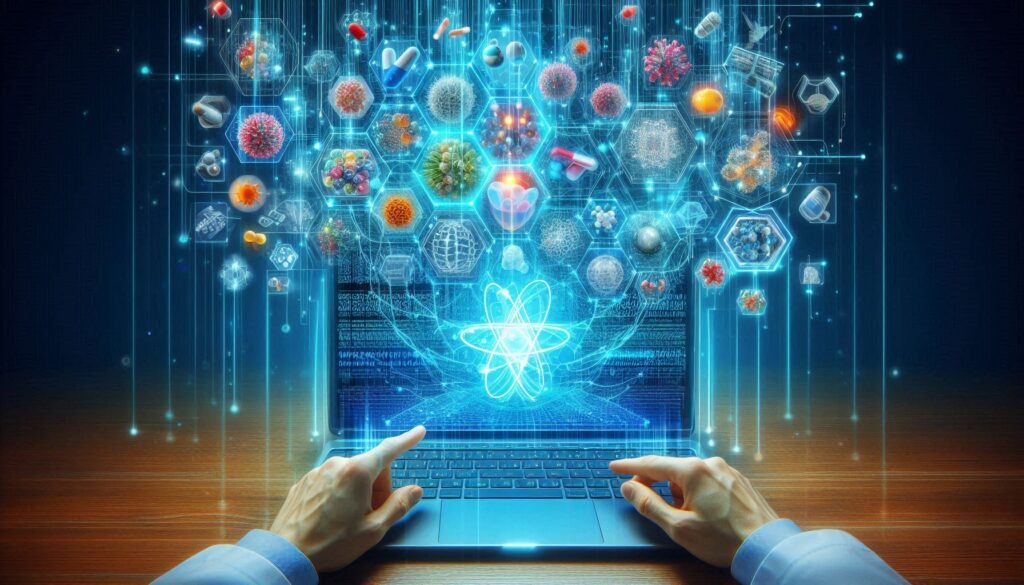 量子コンピューターと創薬研究の融合を象徴する未来的なイメージ。ノートPCから分子構造や薬剤のデジタルモデルが浮かび上がる様子