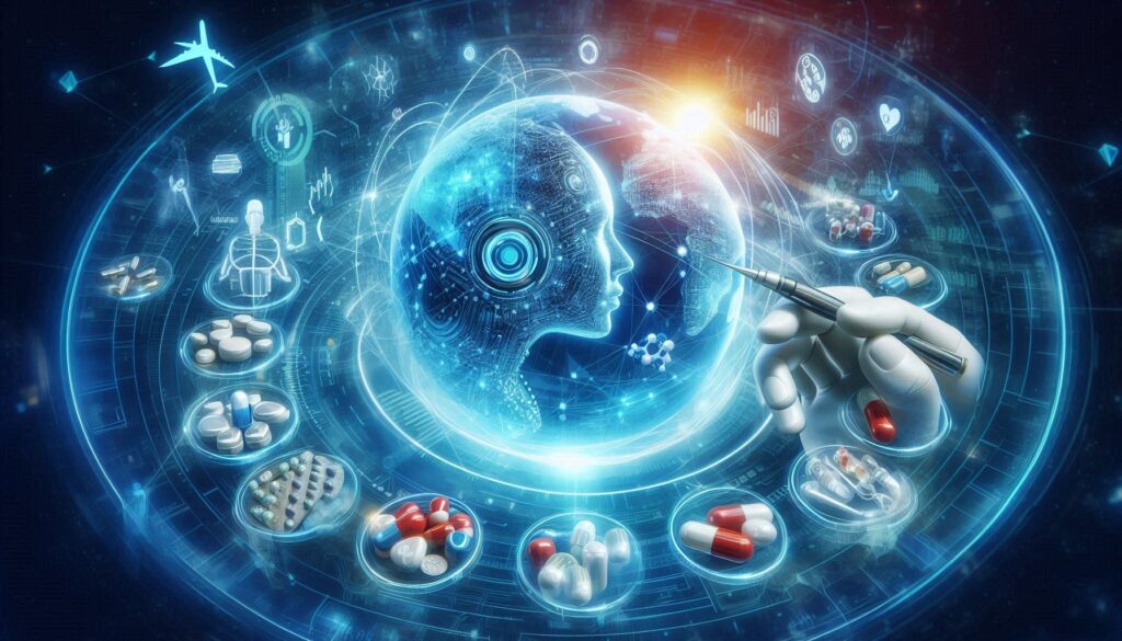 AIによって医学・薬学教育が進化する未来を象徴する、薬剤やデジタル地球儀が浮かぶサイバー空間のビジュアル