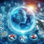 AIによって医学・薬学教育が進化する未来を象徴する、薬剤やデジタル地球儀が浮かぶサイバー空間のビジュアル